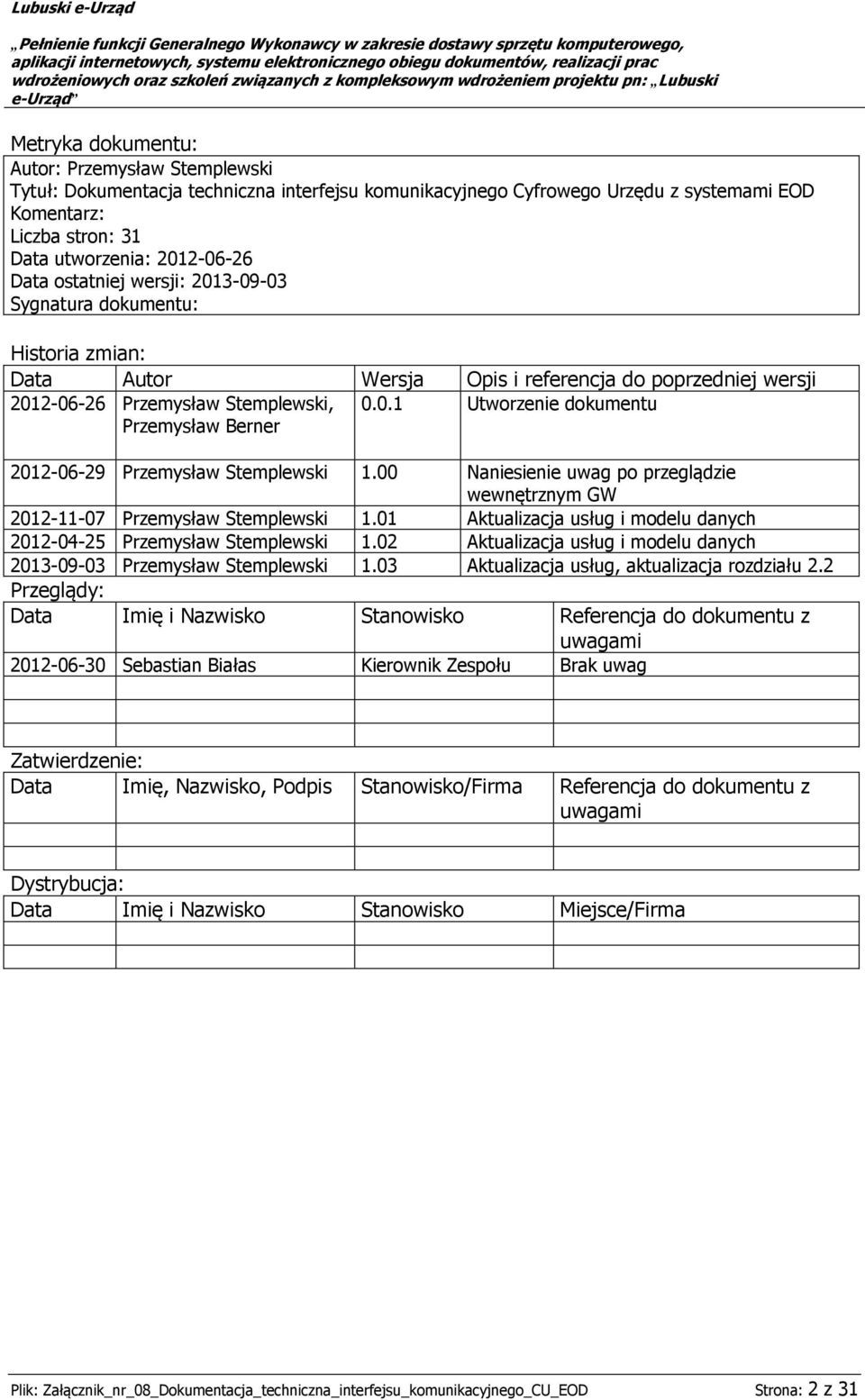 00 Naniesienie uwag po przeglądzie wewnętrznym GW 2012-11-07 Przemysław Stemplewski 1.01 Aktualizacja usług i modelu danych 2012-04-25 Przemysław Stemplewski 1.