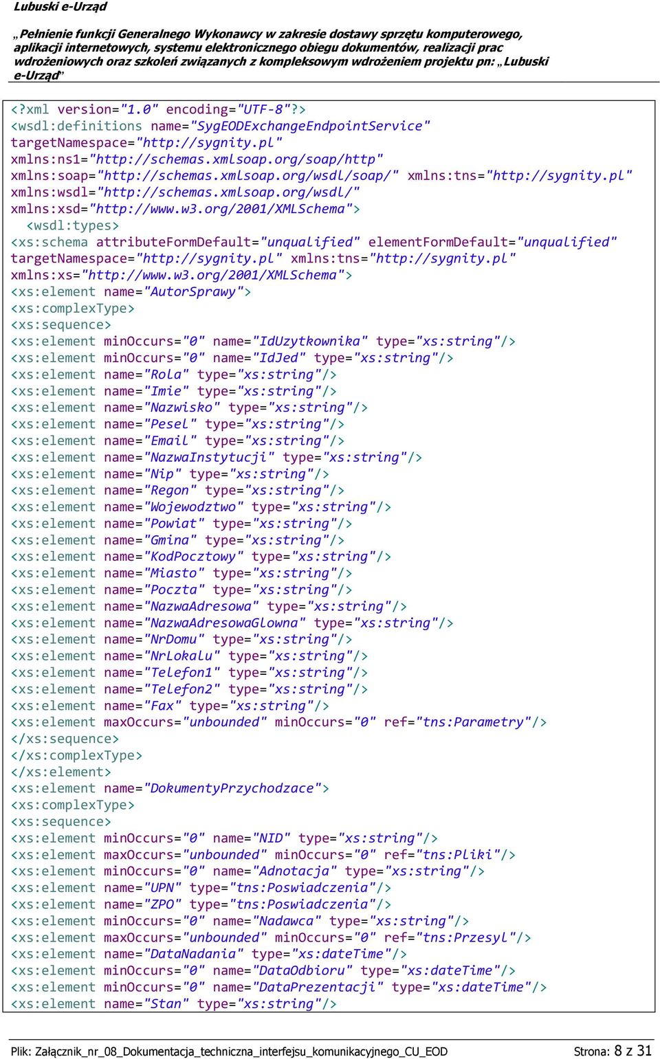 org/2001/xmlschema"> <wsdl:types> <xs:schema attributeformdefault="unqualified" elementformdefault="unqualified" targetnamespace="http://sygnity.pl" xmlns:tns="http://sygnity.pl" xmlns:xs="http://www.