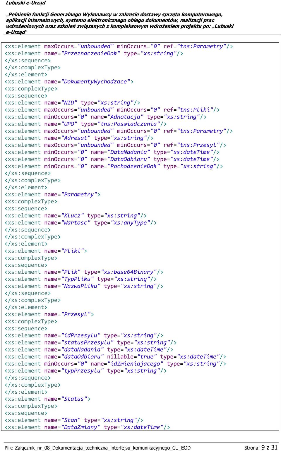 <xs:element maxoccurs="unbounded" minoccurs="0" ref="tns:parametry"/> <xs:element name="adresat" type="xs:string"/> <xs:element maxoccurs="unbounded" minoccurs="0" ref="tns:przesyl"/> <xs:element