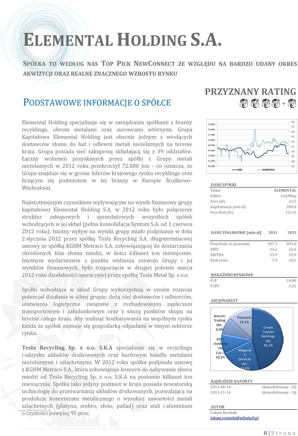 SPÓŁKA TO WEDŁUG NAS TOP PICK NEWCONNECT ZE WZGLĘDU NA BARDZO UDANY OKRES AKWIZYCJI ORAZ REALNE ZNACZNEGO WZROSTU RYNKU PODSTAWOWE INFORMACJE O SPÓŁCE PRZYZNANY RATING + Elemental Holding