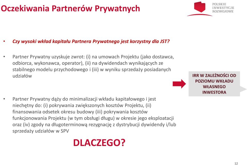 wyniku sprzedaży posiadanych udziałów Partner Prywatny dąży do minimalizacji wkładu kapitałowego i jest niechętny do: (i) pokrywania zwiększonych kosztów Projektu, (ii) finansowania