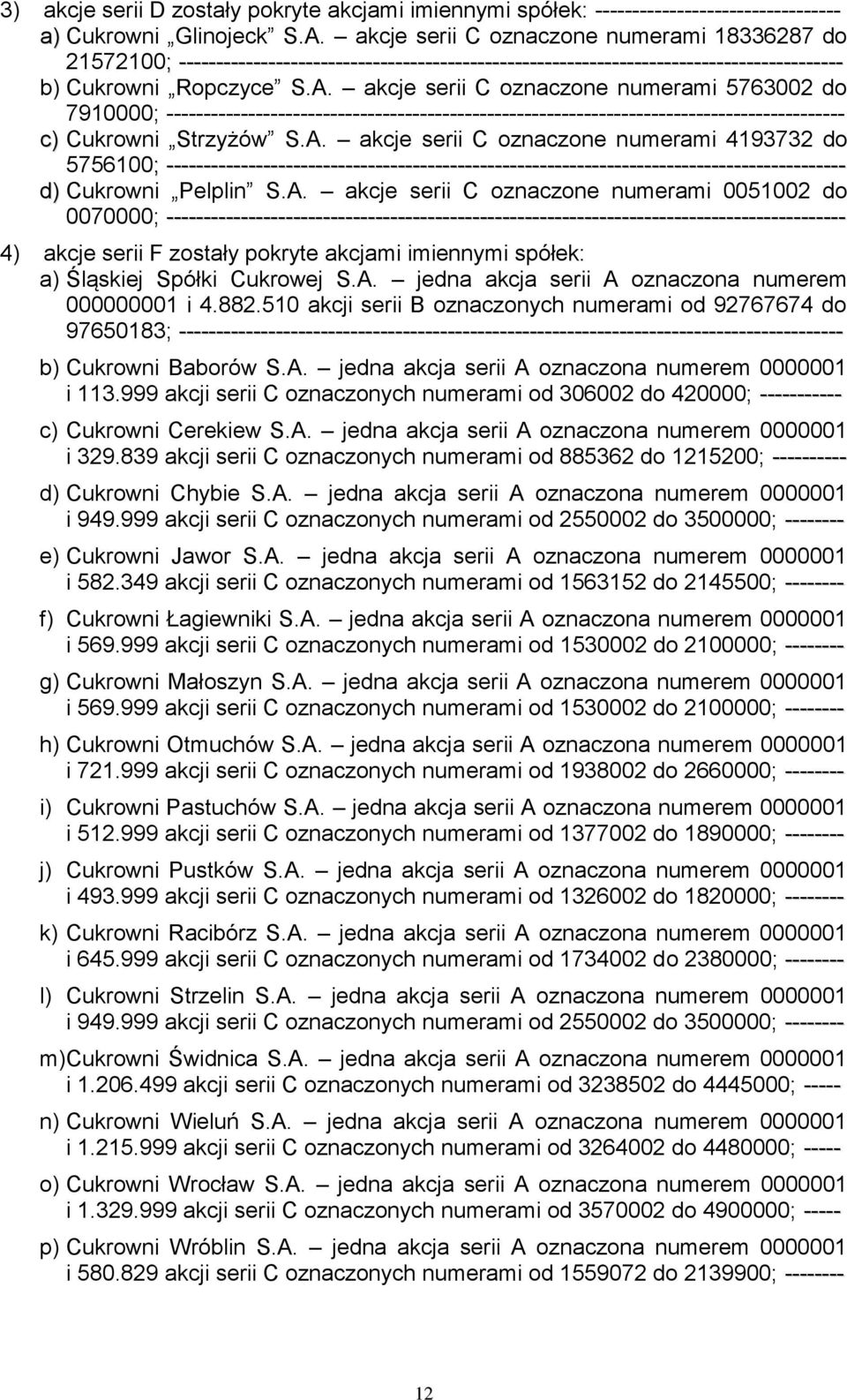 akcje serii C oznaczone numerami 5763002 do 7910000; ------------------------------------------------------------------------------------------- c) Cukrowni Strzyżów S.A.