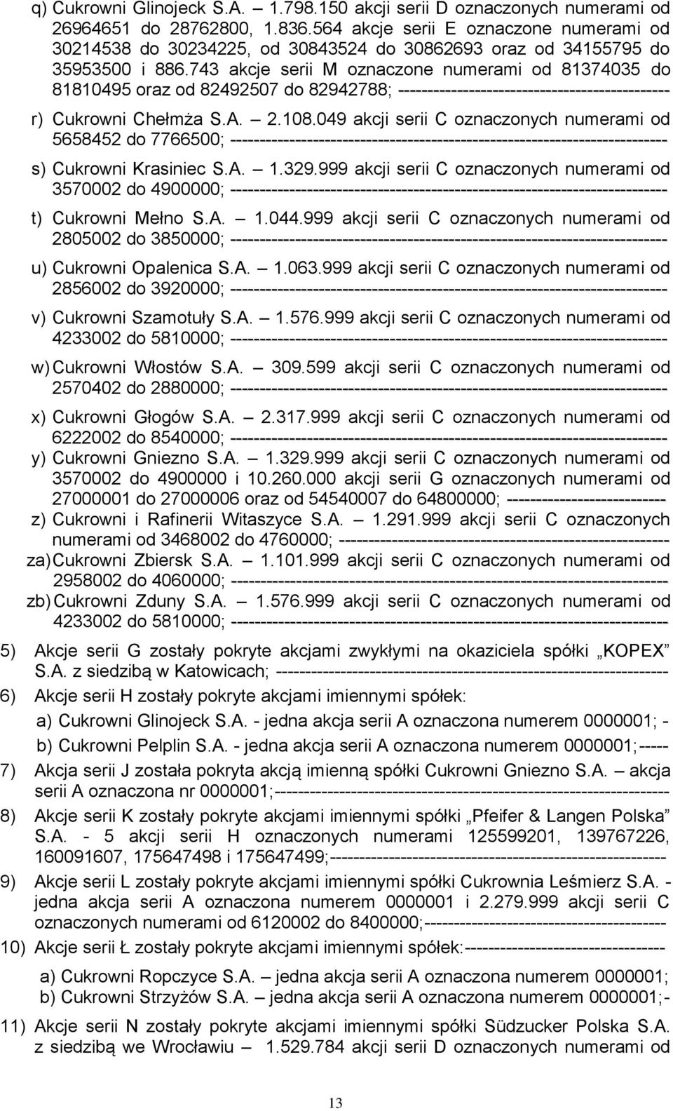 743 akcje serii M oznaczone numerami od 81374035 do 81810495 oraz od 82492507 do 82942788; ---------------------------------------------- r) Cukrowni Chełmża S.A. 2.108.