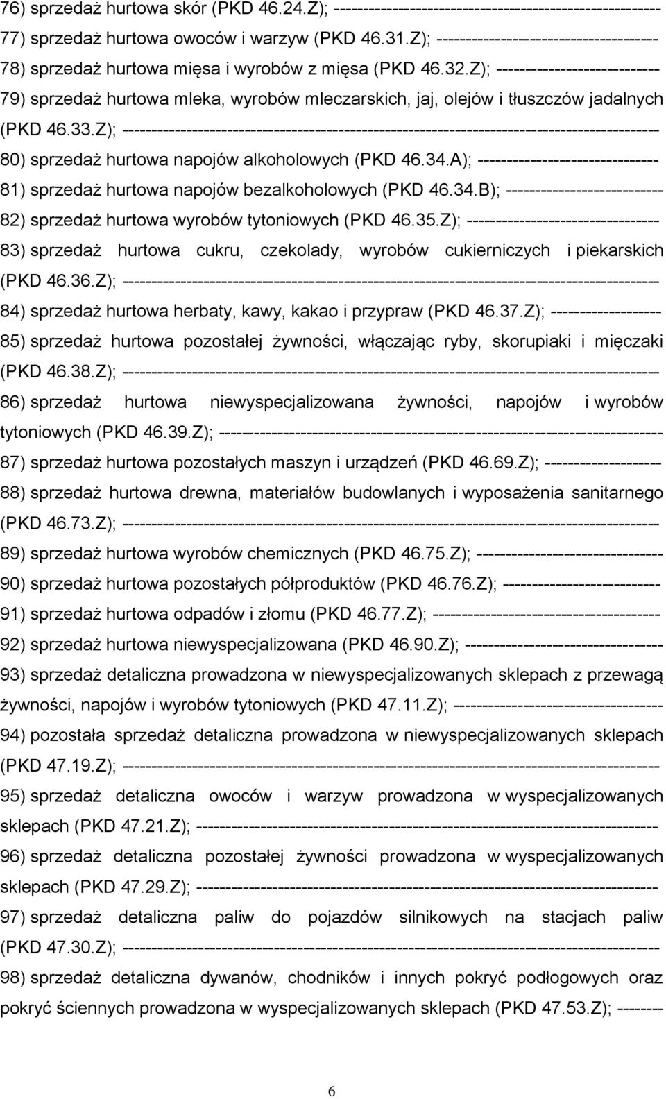 Z); ---------------------------- 79) sprzedaż hurtowa mleka, wyrobów mleczarskich, jaj, olejów i tłuszczów jadalnych (PKD 46.33.