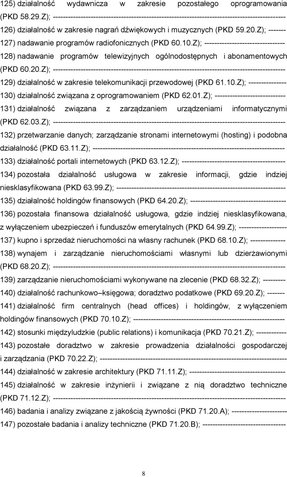 Z); ------- 127) nadawanie programów radiofonicznych (PKD 60.10.Z); -------------------------------- 128) nadawanie programów telewizyjnych ogólnodostępnych i abonamentowych (PKD 60.20.