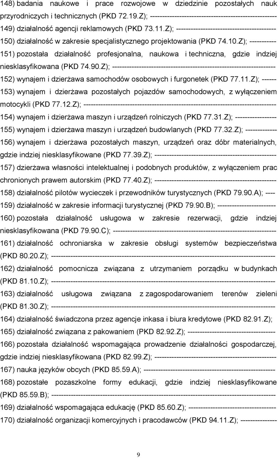 Z); ----------------------------------------- 150) działalność w zakresie specjalistycznego projektowania (PKD 74.10.