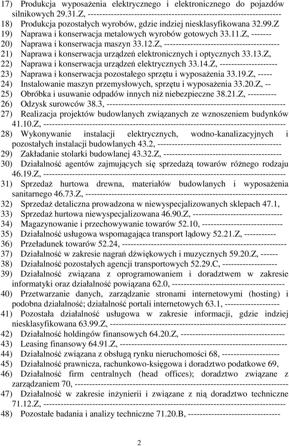 Z 19) Naprawa i konserwacja metalowych wyrobów gotowych 33.11.Z, ------- 20) Naprawa i konserwacja maszyn 33.12.