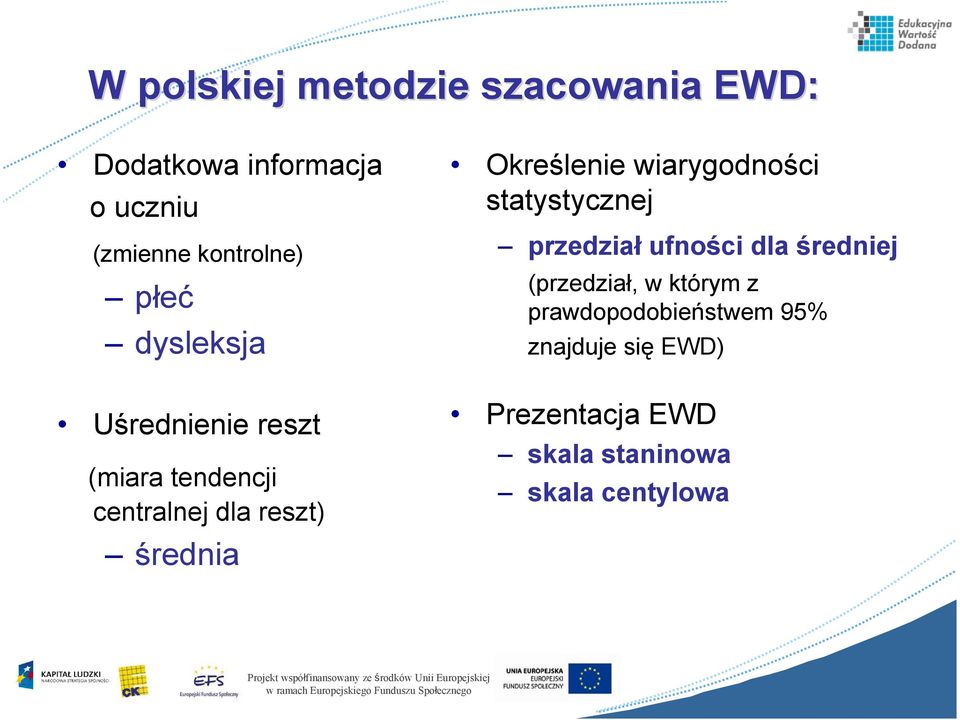 przedział ufności dla średniej (przedział, w którym z prawdopodobieństwem 95% znajduje się EWD) Prezentacja EWD