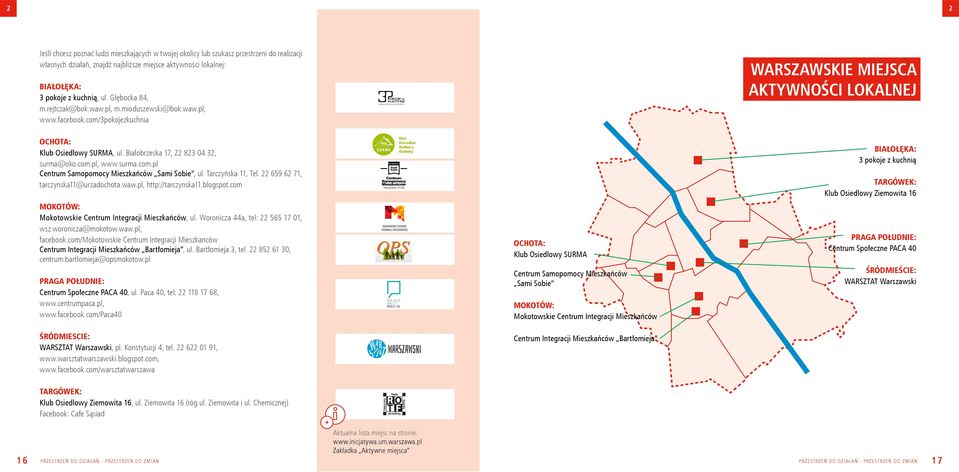 Białobrzeska 17, 22 823 04 32, surma@oko.com.pl, www.surma.com.pl Centrum Samopomocy Mieszkańców Sami Sobie, ul. Tarczyńska 11, Tel. 22 659 62 71, tarczynska11@urzadochota.waw.pl, http://tarczynska11.