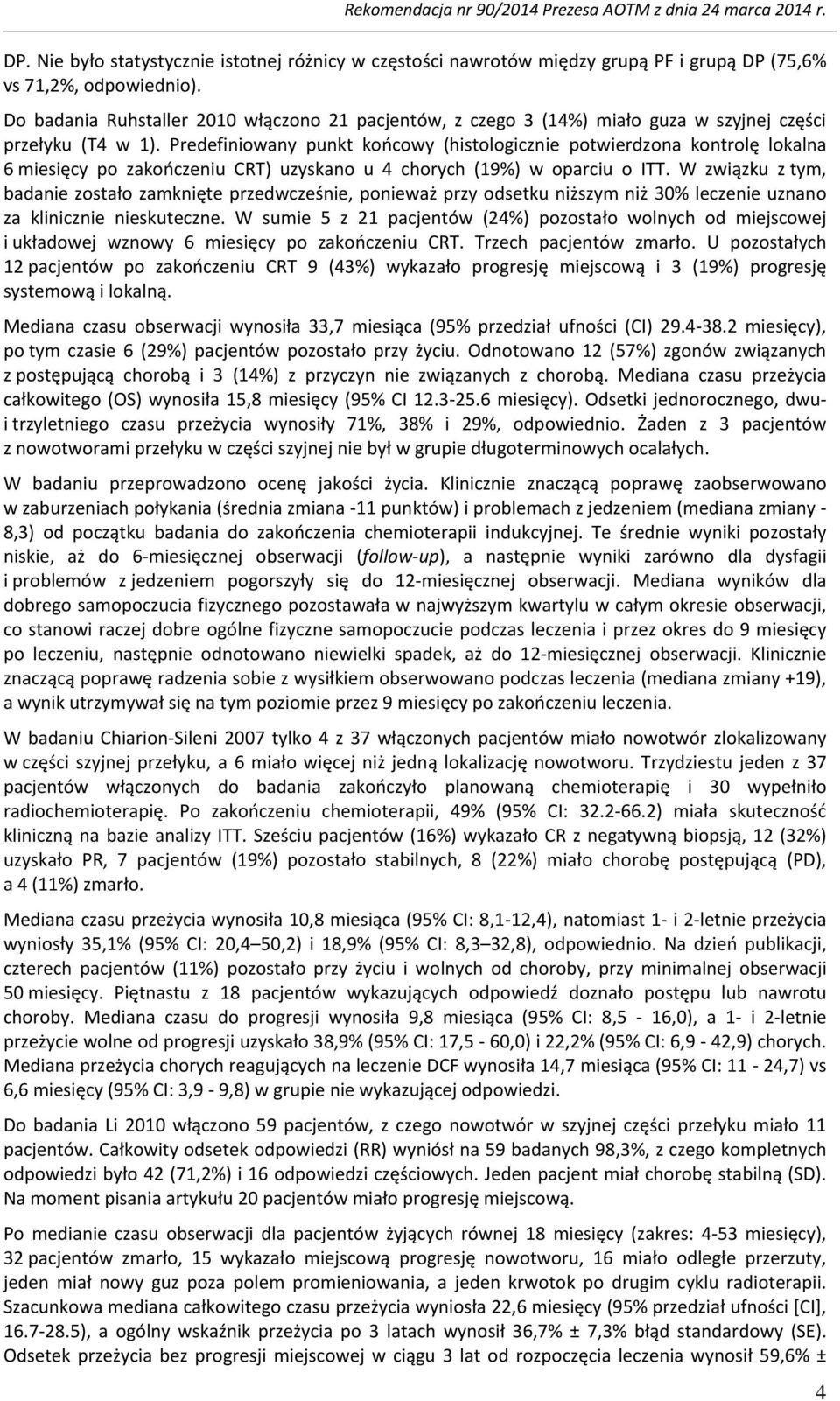 Predefiniowany punkt końcowy (histologicznie potwierdzona kontrolę lokalna 6 miesięcy po zakończeniu CRT) uzyskano u 4 chorych (19%) w oparciu o ITT.