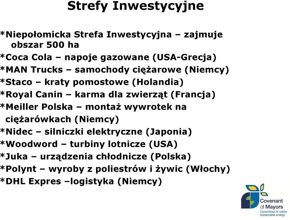 *Meiller Polska montaż wywrotek na ciężarówkach (Niemcy) *Nidec silniczki elektryczne (Japonia) *Woodword turbiny