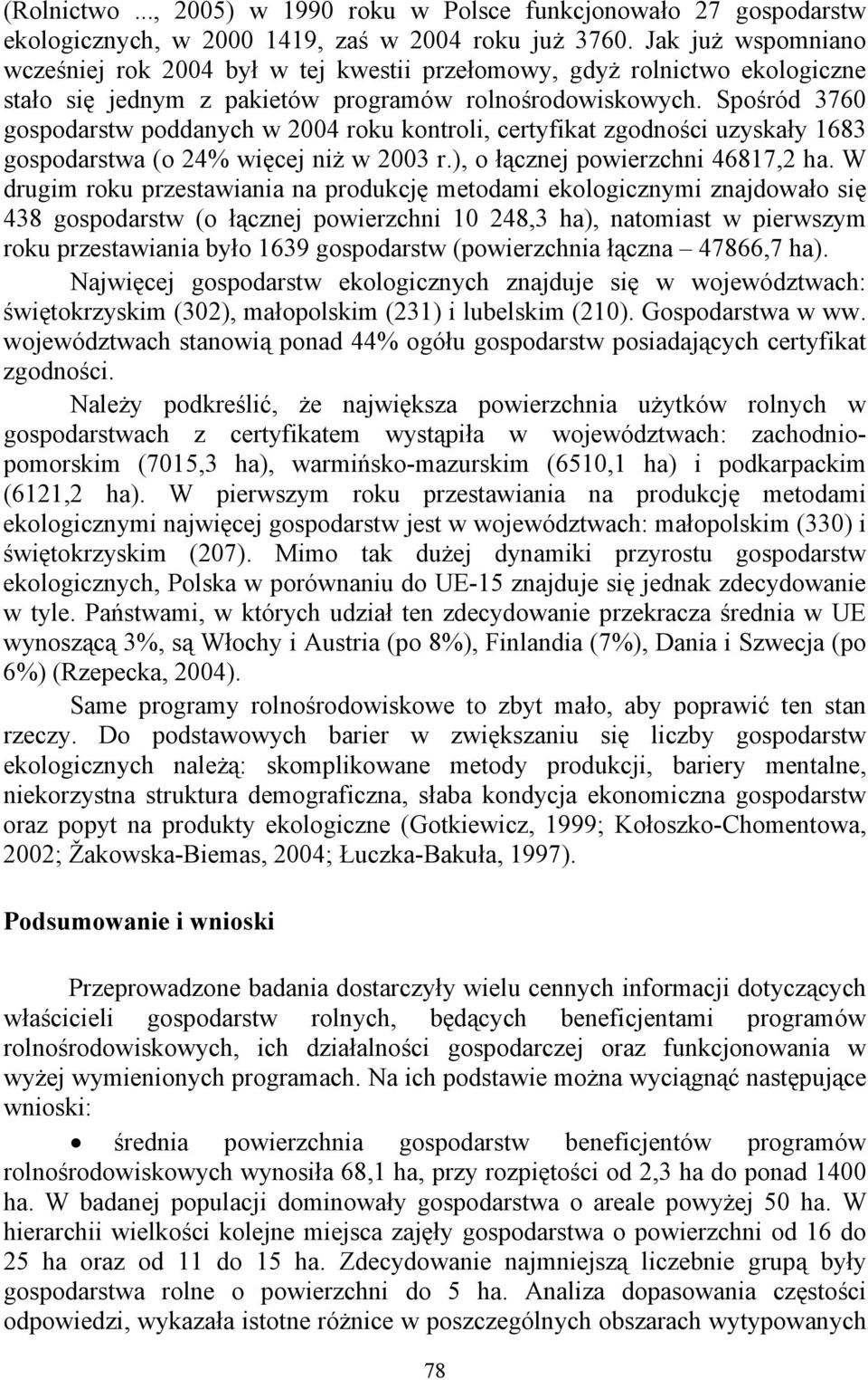 Spośród 3760 gospodarstw poddanych w 2004 roku kontroli, certyfikat zgodności uzyskały 1683 gospodarstwa (o 24% więcej niż w 2003 r.), o łącznej powierzchni 46817,2 ha.