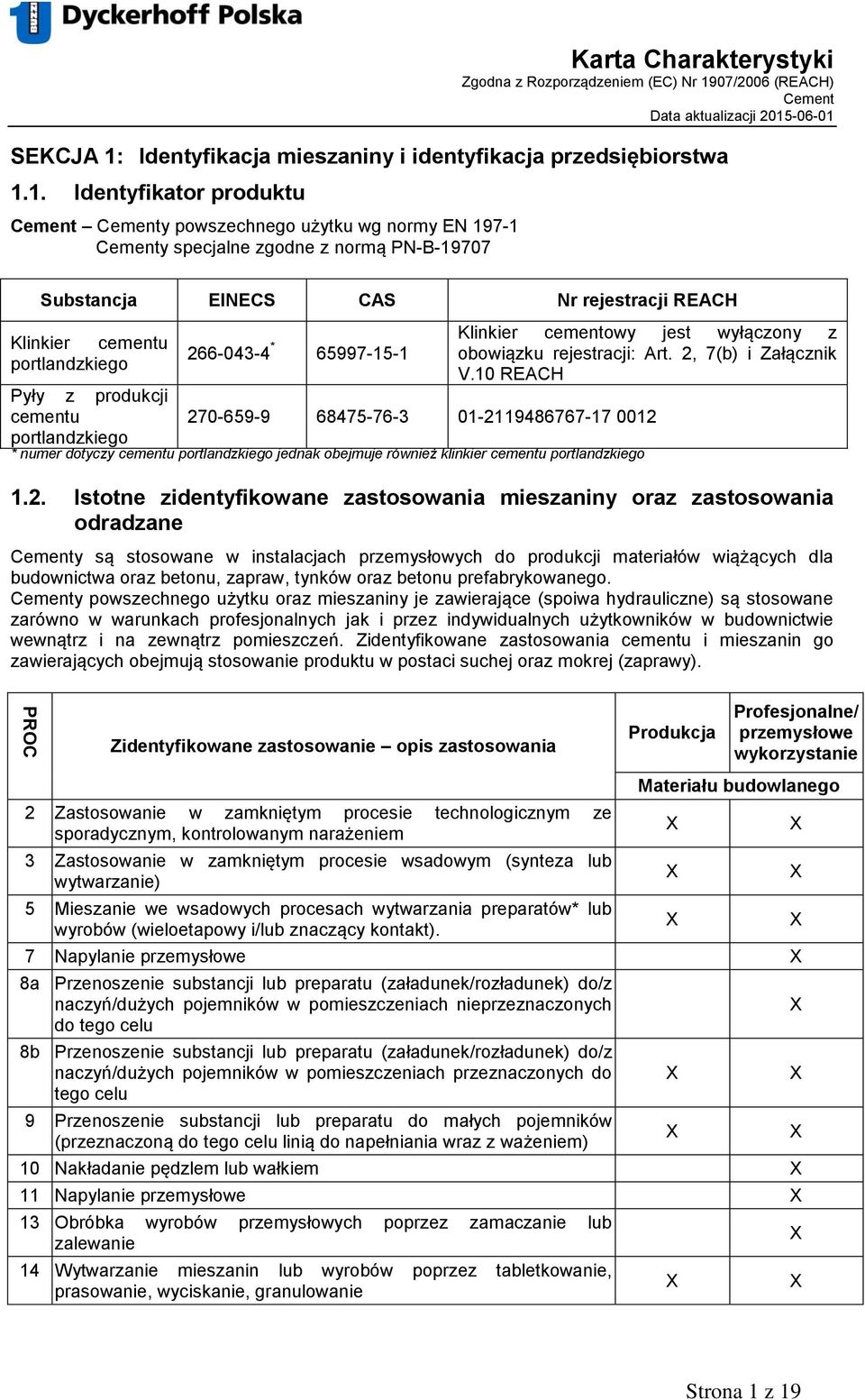 1. Identyfikator produktu y powszechnego użytku wg normy EN 197-1 y specjalne zgodne z normą PN-B-19707 Substancja EINECS CAS Nr rejestracji REACH Klinkier cementu portlandzkiego Pyły z produkcji