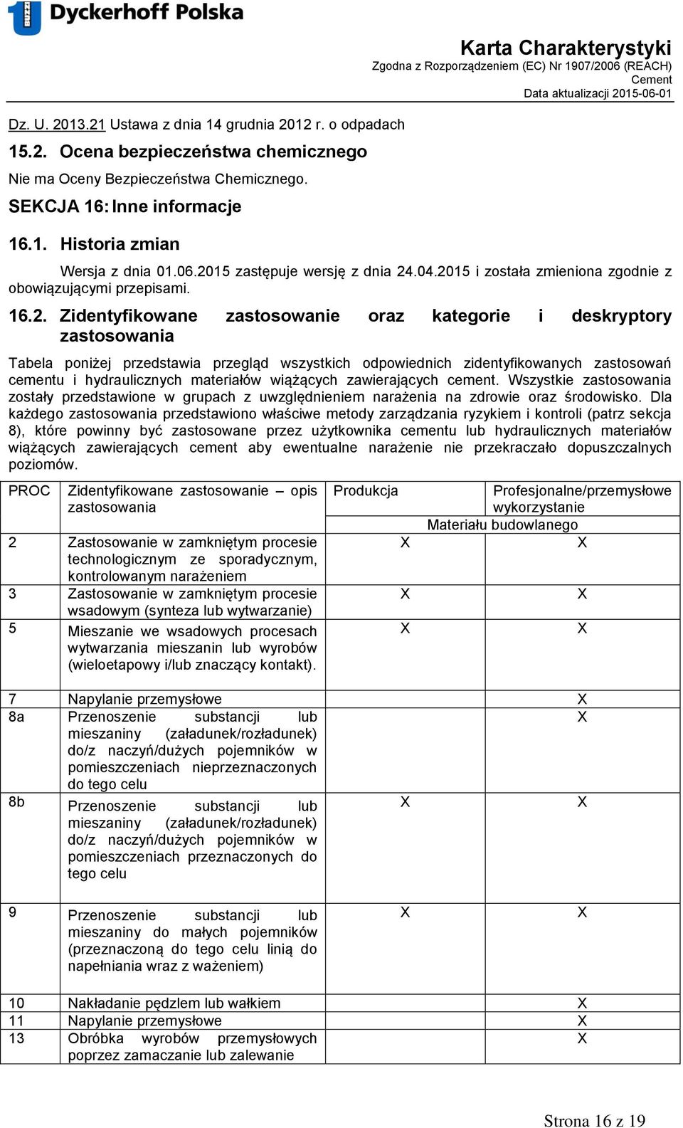 przedstawia przegląd wszystkich odpowiednich zidentyfikowanych zastosowań cementu i hydraulicznych materiałów wiążących zawierających cement.