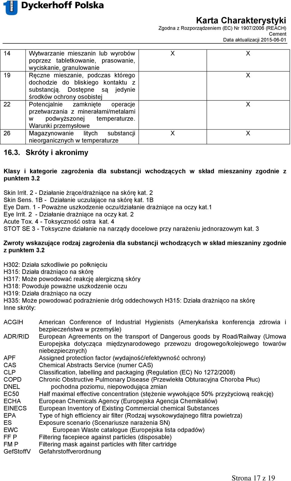 Warunki przemysłowe 26 Magazynowanie litych substancji nieorganicznych w temperaturze 16.3.