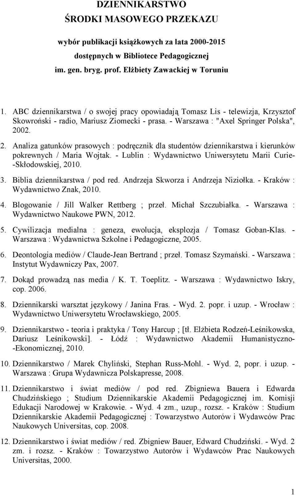 02. 2. Analiza gatunków prasowych : podręcznik dla studentów dziennikarstwa i kierunków pokrewnych / Maria Wojtak. - Lublin : Wydawnictwo Uniwersytetu Marii Curie- -Skłodowskiej, 2010. 3.