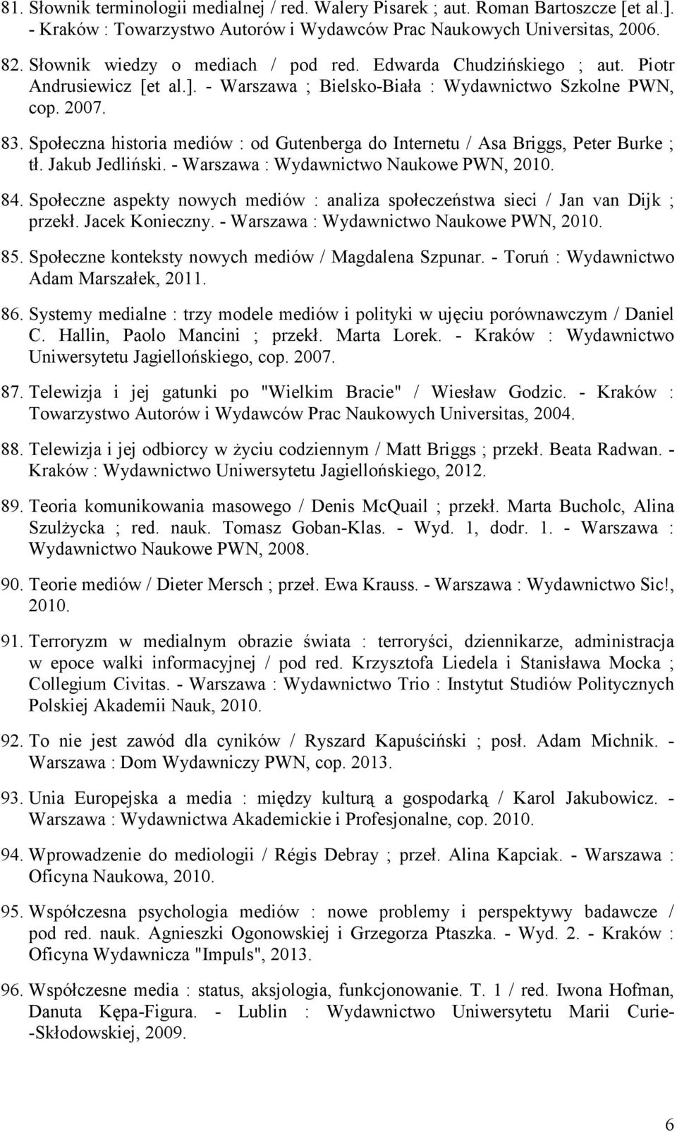 Społeczna historia mediów : od Gutenberga do Internetu / Asa Briggs, Peter Burke ; tł. Jakub Jedliński. - Warszawa : Wydawnictwo Naukowe PWN, 2010. 84.