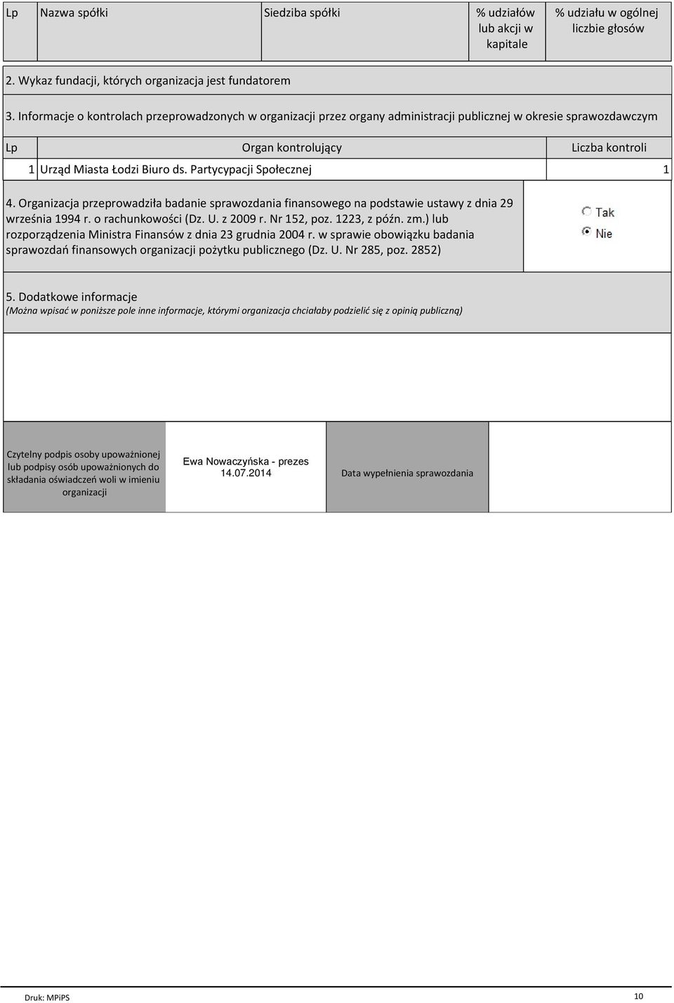 Partycypacji Społecznej 1 4. Organizacja przeprowadziła badanie sprawozdania finansowego na podstawie ustawy z dnia 29 września 1994 r. o rachunkowości (Dz. U. z 2009 r. Nr 152, poz. 1223, z późn. zm.