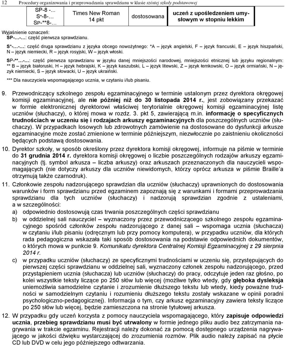 S*- - : część druga sprawdzianu z języka obcego nowożytnego: *A język angielski, F język francuski, E język hiszpański, N język niemiecki, R język rosyjski, W język włoski.