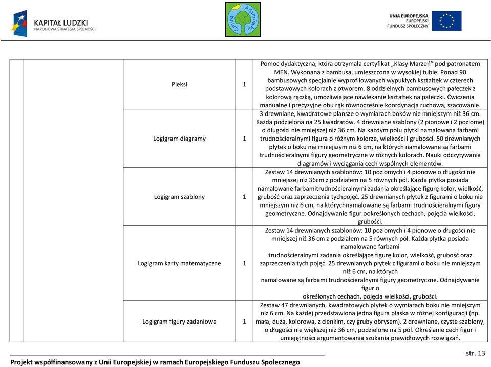 8 oddzielnych bambusowych pałeczek z kolorową rączką, umożliwiające nawlekanie kształtek na pałeczki. Ćwiczenia manualne i precyzyjne obu rąk równocześnie koordynacja ruchowa, szacowanie.