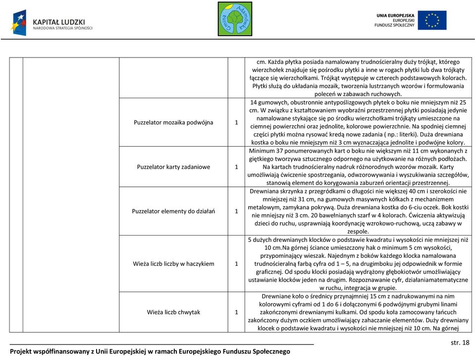 Trójkąt występuje w czterech podstawowych kolorach. Płytki służą do układania mozaik, tworzenia lustrzanych wzorów i formułowania poleceń w zabawach ruchowych.