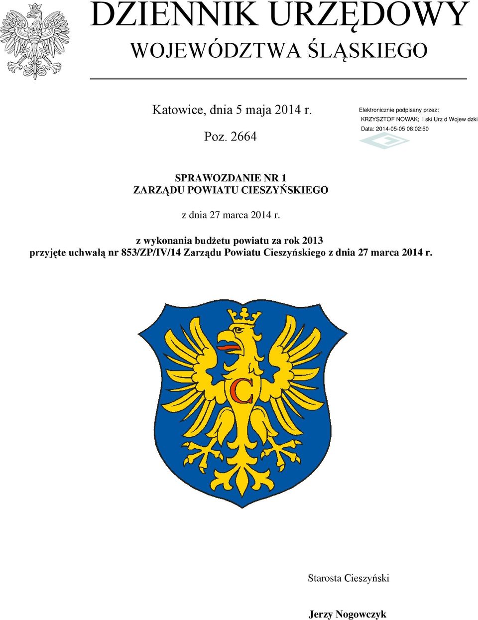 z wykonania budżetu powiatu za rok 2013 przyjęte uchwałą nr 853/ZP/IV/14