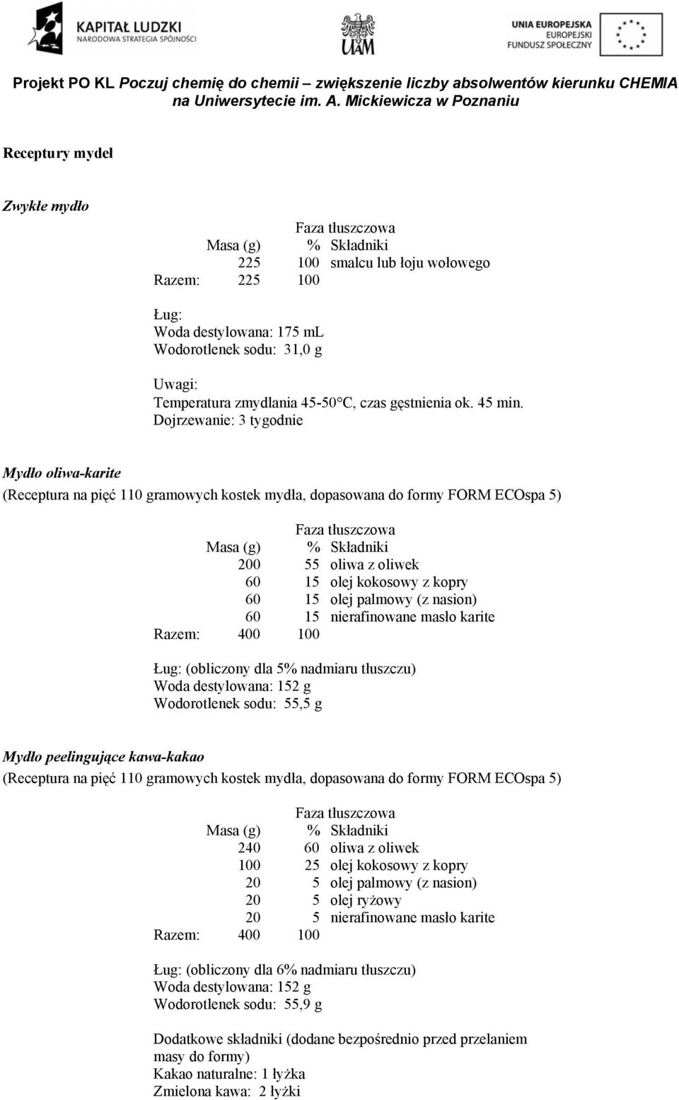 Ług: (obliczony dla % nadmiaru tłuszczu) Woda destylowana: 2 g Wodorotlenek sodu:, g Mydło peelingujące kawa-kakao (Receptura na pięć 110 gramowych kostek mydła, dopasowana do formy FRM ECspa ) 240