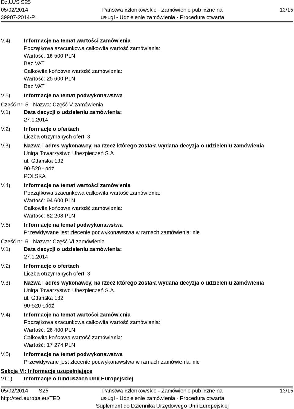 podwykonawstwa Część nr: 5 - Nazwa: Część V zamówienia V.1) Data decyzji o udzieleniu zamówienia: 27.1.2014 V.2) V.3) V.4) V.