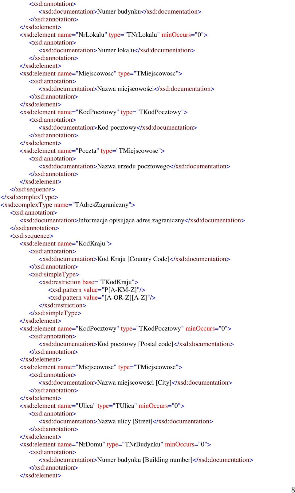 name="poczta" type="tmiejscowosc"> <xsd:documentation>nazwa urzedu pocztowego</xsd:documentation> <xsd:complextype name="tadreszagraniczny"> <xsd:documentation>informacje opisujące adres
