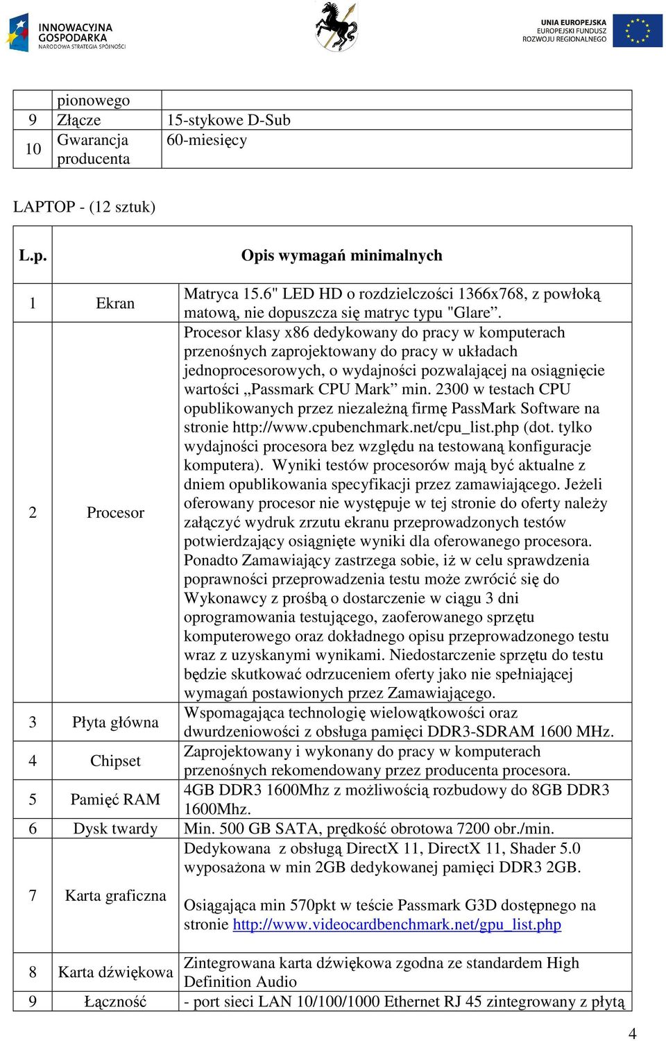 2 Procesor Procesor klasy x86 dedykowany do pracy w komputerach przenośnych zaprojektowany do pracy w układach jednoprocesorowych, o wydajności pozwalającej na osiągnięcie wartości Passmark CPU Mark