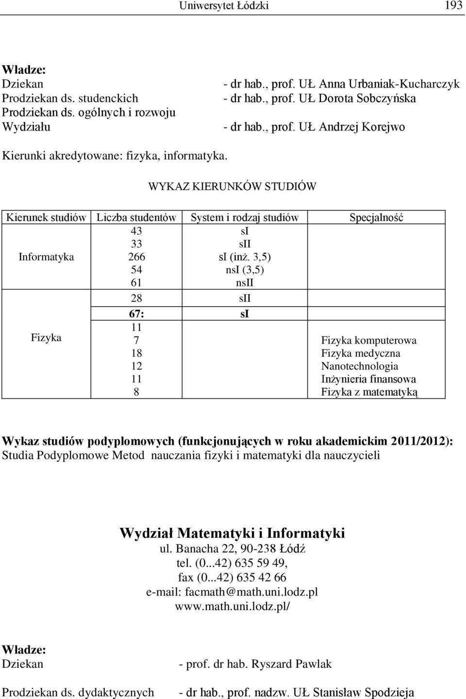 3,5) n (3,5) n Fizyka 28 67: 11 7 18 12 11 8 Fizyka komputerowa Fizyka medyczna Nanotechnologia Inżynieria finansowa Fizyka z matematyką Wykaz podyplomowych (funkcjonujących w roku akademickim