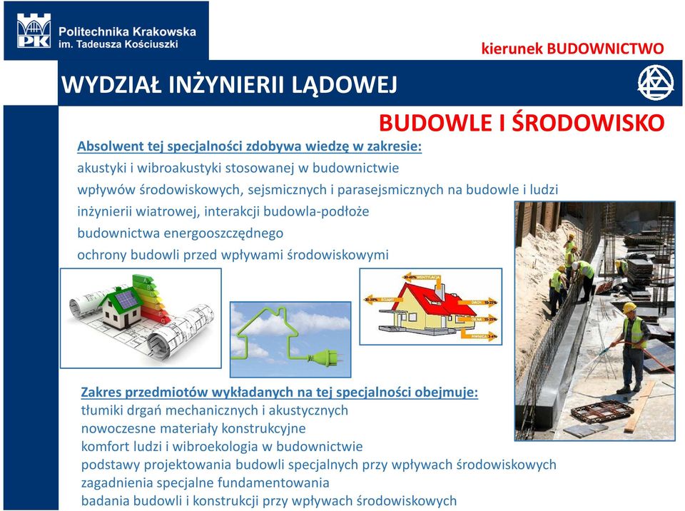 Zakres przedmiotów wykładanych na tej specjalności obejmuje: tłumiki drgań mechanicznych i akustycznych nowoczesne materiały konstrukcyjne komfort ludzi i wibroekologiaw