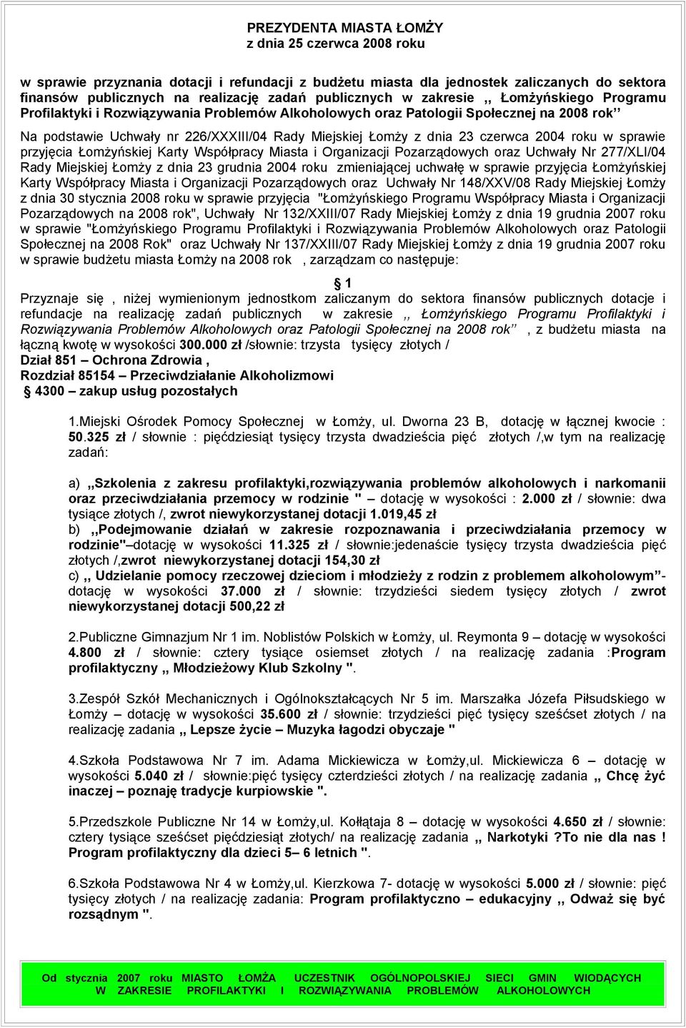 dnia 23 czerwca 2004 roku w sprawie przyjęcia Łomżyńskiej Karty Współpracy Miasta i Organizacji Pozarządowych oraz Uchwały Nr 277/XLI/04 Rady Miejskiej Łomży z dnia 23 grudnia 2004 roku zmieniającej
