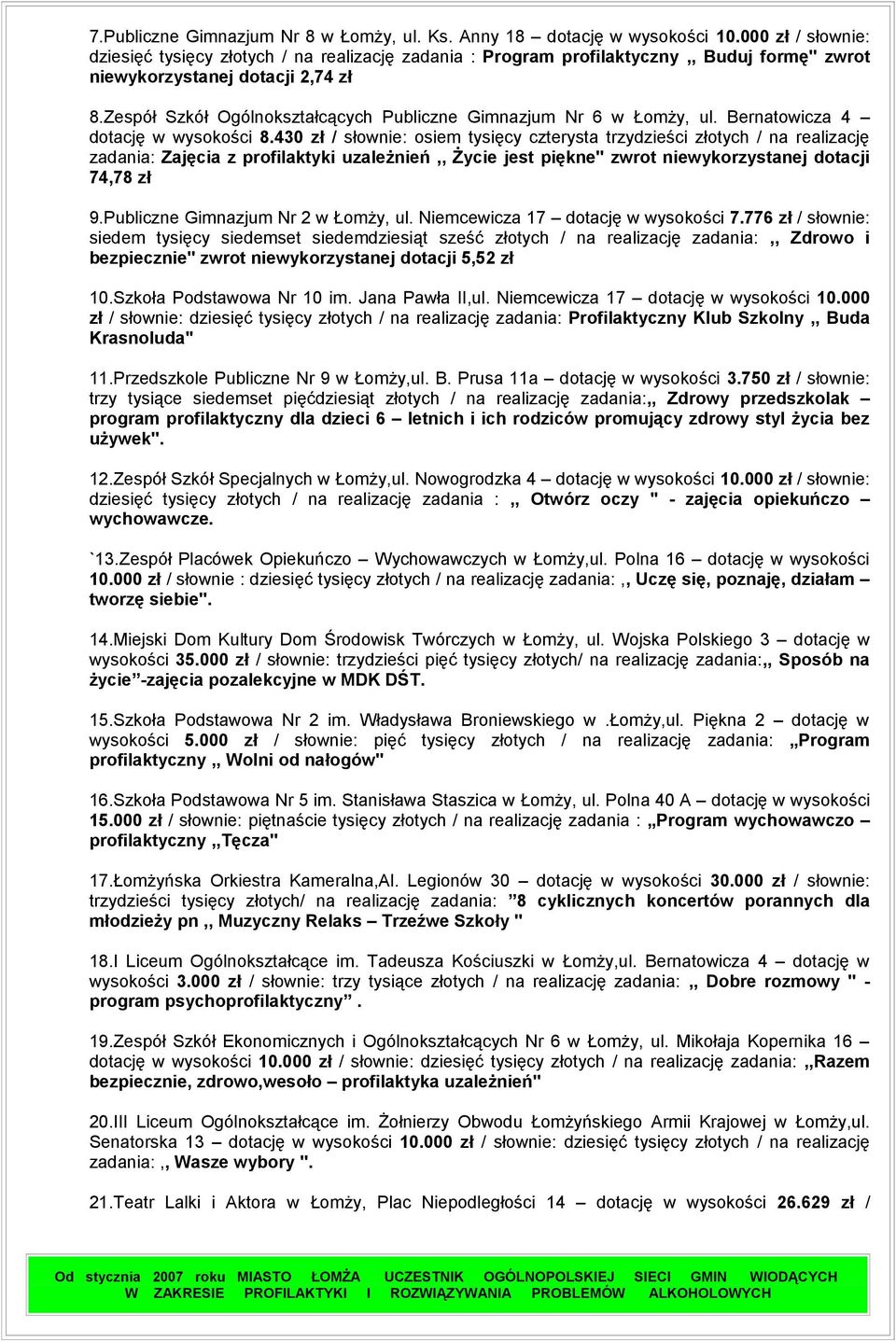 Zespół Szkół Ogólnokształcących Publiczne Gimnazjum Nr 6 w Łomży, ul. Bernatowicza 4 dotację w wysokości 8.