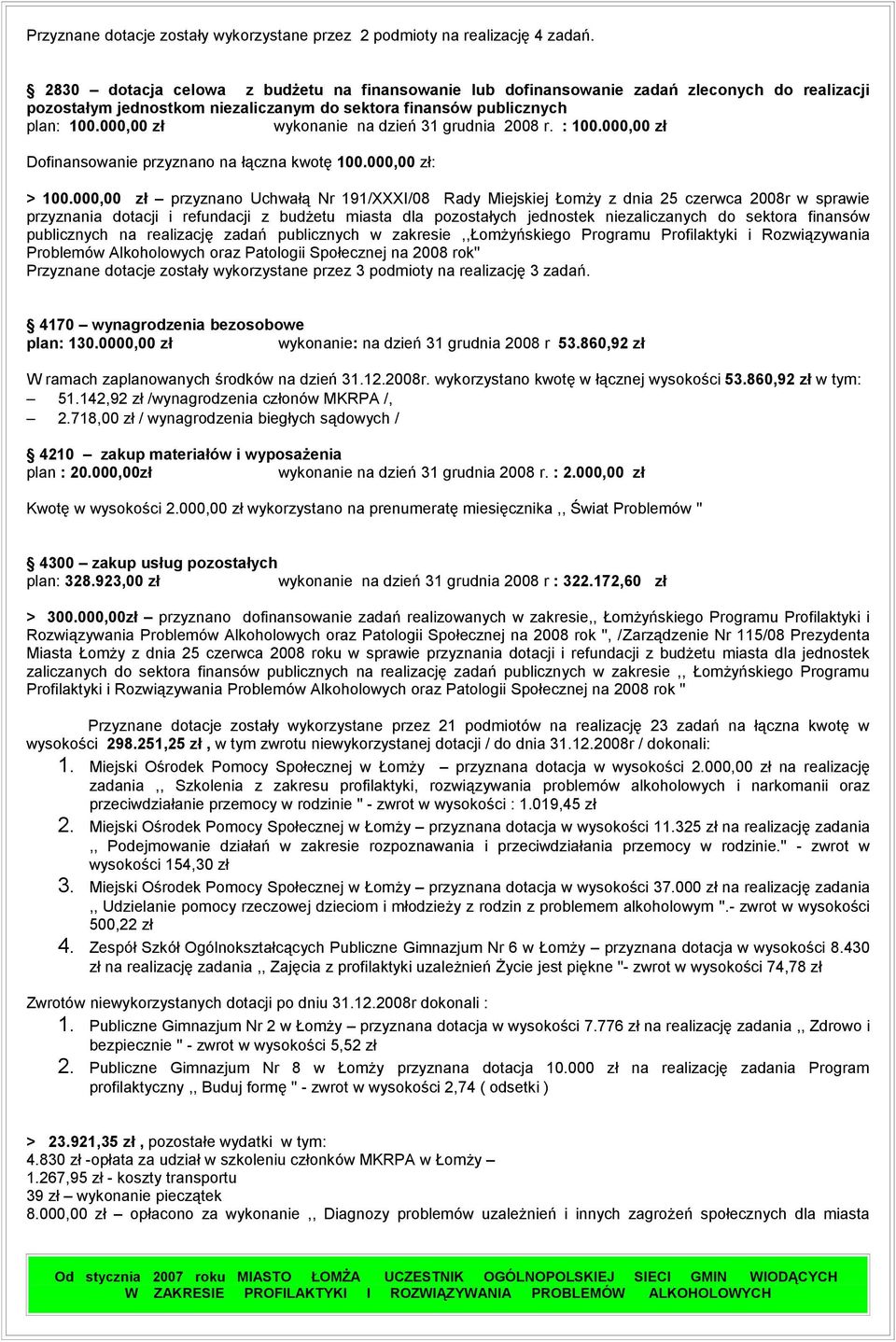 000,00 zł wykonanie na dzień 31 grudnia 2008 r. : 100.000,00 zł Dofinansowanie przyznano na łączna kwotę 100.000,00 zł: > 100.