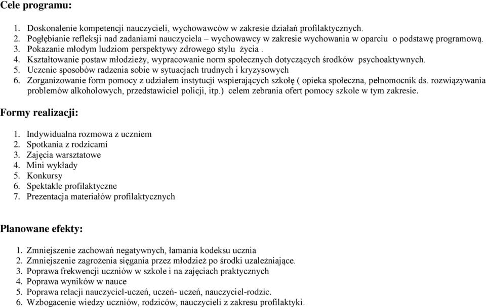 Kształtowanie postaw młodzieży, wypracowanie norm społecznych dotyczących środków psychoaktywnych. 5. Uczenie sposobów radzenia sobie w sytuacjach trudnych i kryzysowych 6.