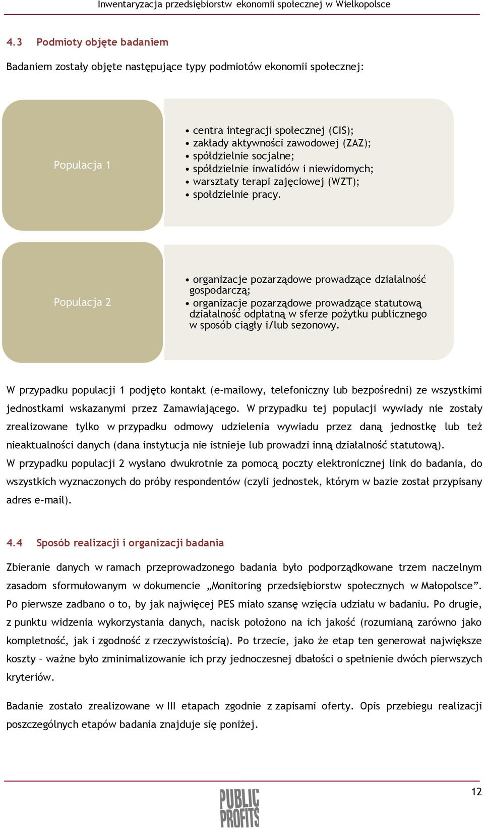 Populacja 2 organizacje pozarządowe prowadzące działalność gospodarczą; organizacje pozarządowe prowadzące statutową działalność odpłatną w sferze pożytku publicznego w sposób ciągły i/lub sezonowy.