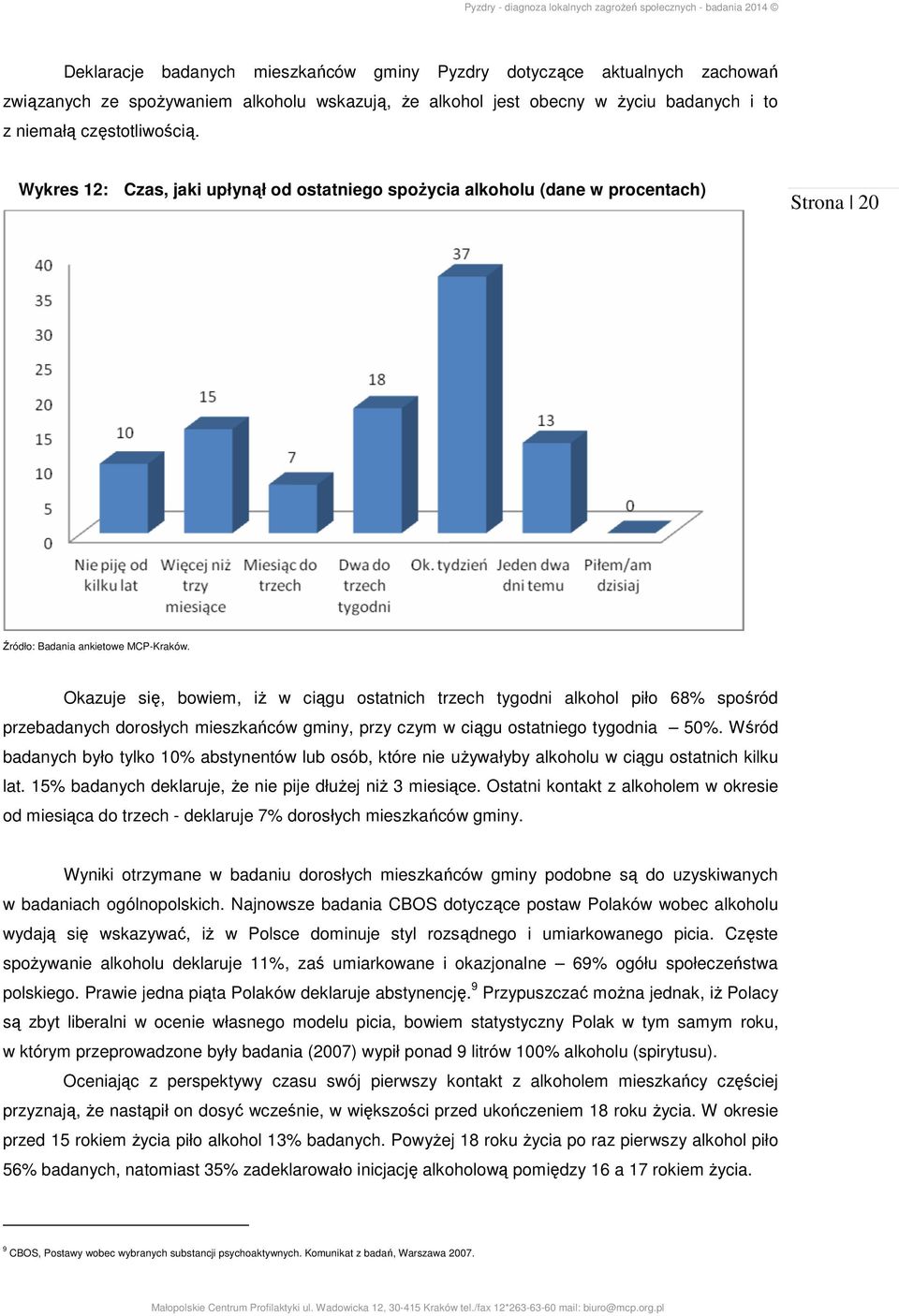 Okazuje się, bowiem, iż w ciągu ostatnich trzech tygodni alkohol piło 68% spośród przebadanych dorosłych mieszkańców gminy, przy czym w ciągu ostatniego tygodnia 50%.