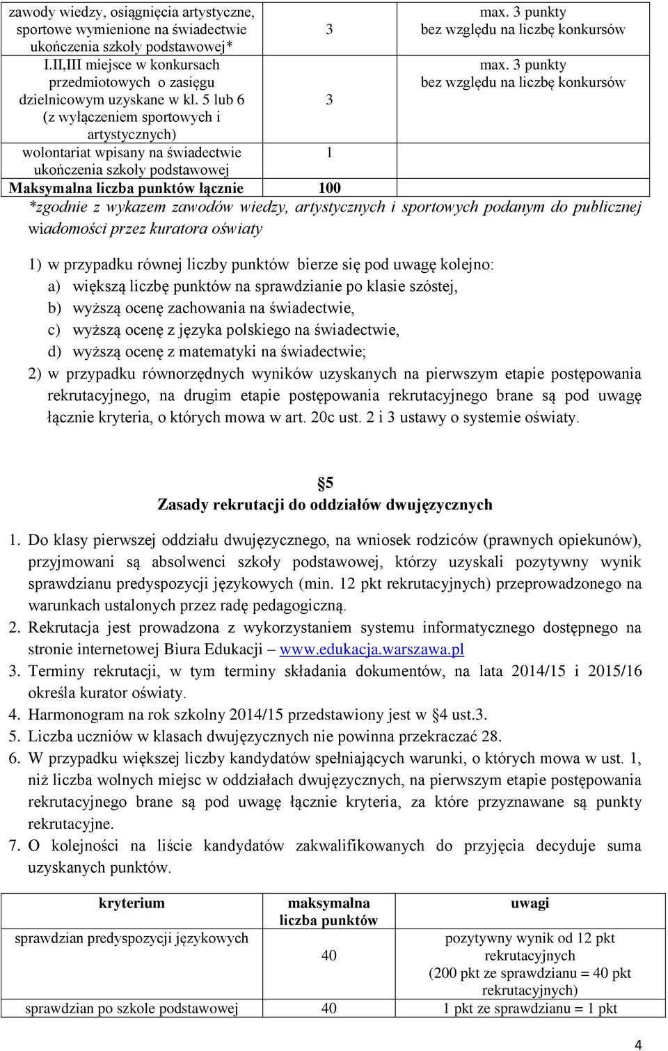 punkty ukończenia szkoły podstawowej Maksymalna liczba punktów łącznie 100 *zgodnie z wykazem zawodów wiedzy, artystycznych i sportowych podanym do publicznej wiadomości przez kuratora oświaty 1) w