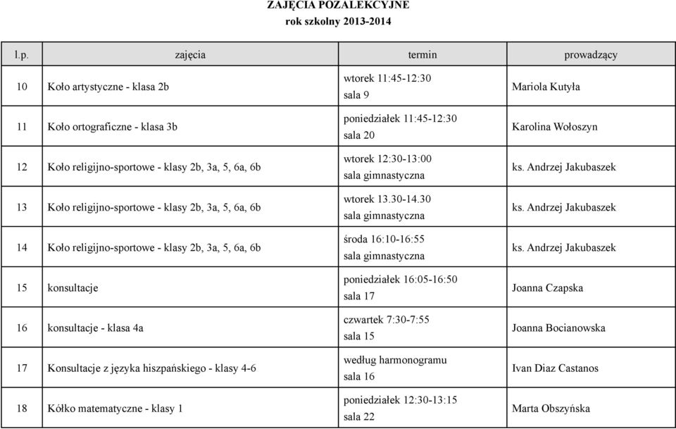 poniedziałek 11:45-12:30 wtorek 12:30-13:00 sala gimnastyczna wtorek 13.30-14.