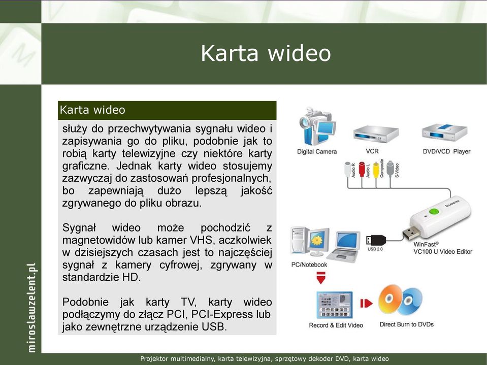 Jednak karty wideo stosujemy zazwyczaj do zastosowań profesjonalnych, bo zapewniają dużo lepszą jakość zgrywanego do pliku obrazu.