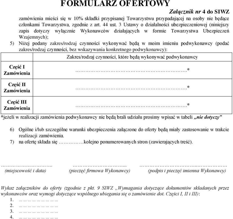 będą w moim imieniu podwykonawcy (podać zakres/rodzaj czynności, bez wskazywania konkretnego podwykonawcy): Zakres/rodzaj czynności, które będą wykonywać podwykonawcy Część I Zamówienia Część II