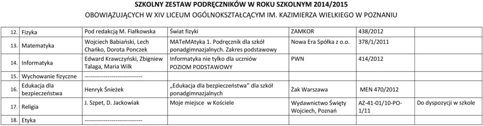 Edukacja dla bezpieczeństwa 17. Religia Henryk Śnieżek 18. Etyka ------------------------------ MATeMAtyka 1. Podręcznik dla szkół ponadgimnazjalnych.