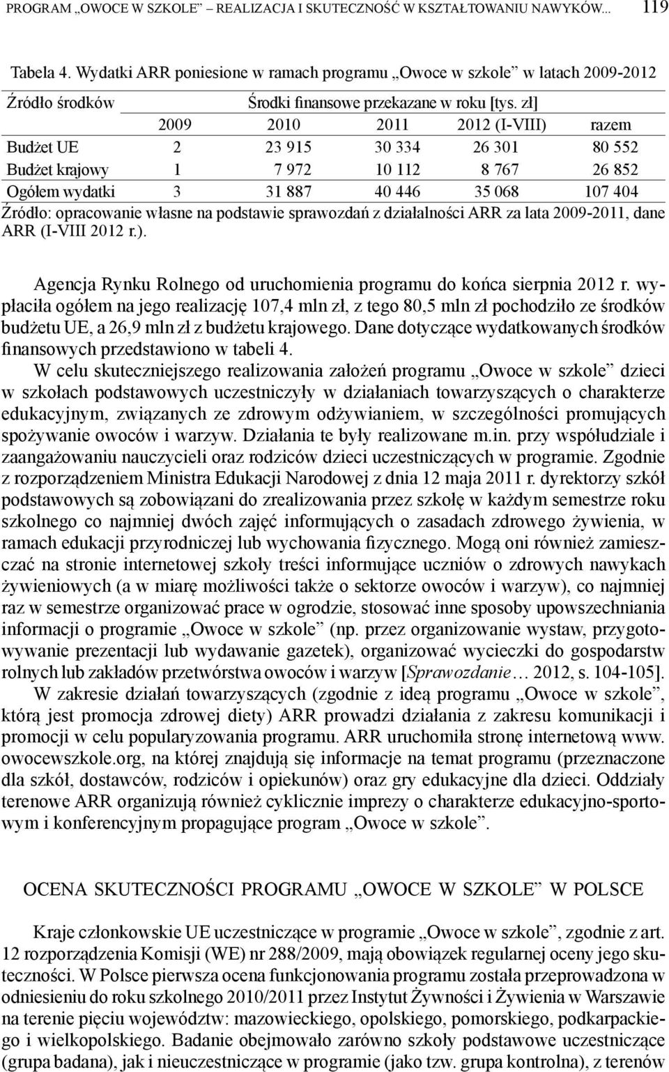 zł] 2009 2010 2011 2012 (I-VIII) razem Budżet UE 2 23 915 30 334 26 301 80 552 Budżet krajowy 1 7 972 10 112 8 767 26 852 Ogółem wydatki 3 31 887 40 446 35 068 107 404 Źródło: opracowanie własne na