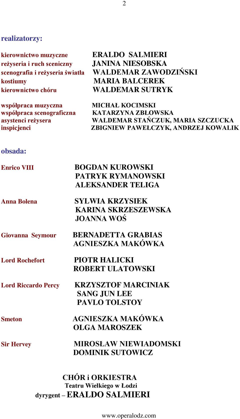 VIII Anna Bolena Giovanna Seymour Lord Rochefort Lord Riccardo Percy Smeton Sir Hervey BOGDAN KUROWSKI PATRYK RYMANOWSKI ALEKSANDER TELIGA SYLWIA KRZYSIEK KARINA SKRZESZEWSKA JOANNA WOŚ BERNADETTA