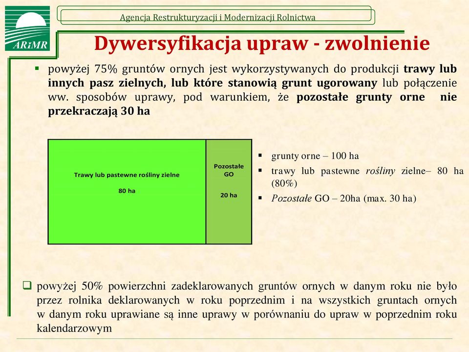 sposobów uprawy, pod warunkiem, że pozostałe grunty orne nie przekraczają 30 ha Trawy lub pastewne rośliny zielne 80 ha Pozostałe GO 20 ha grunty orne 100 ha trawy