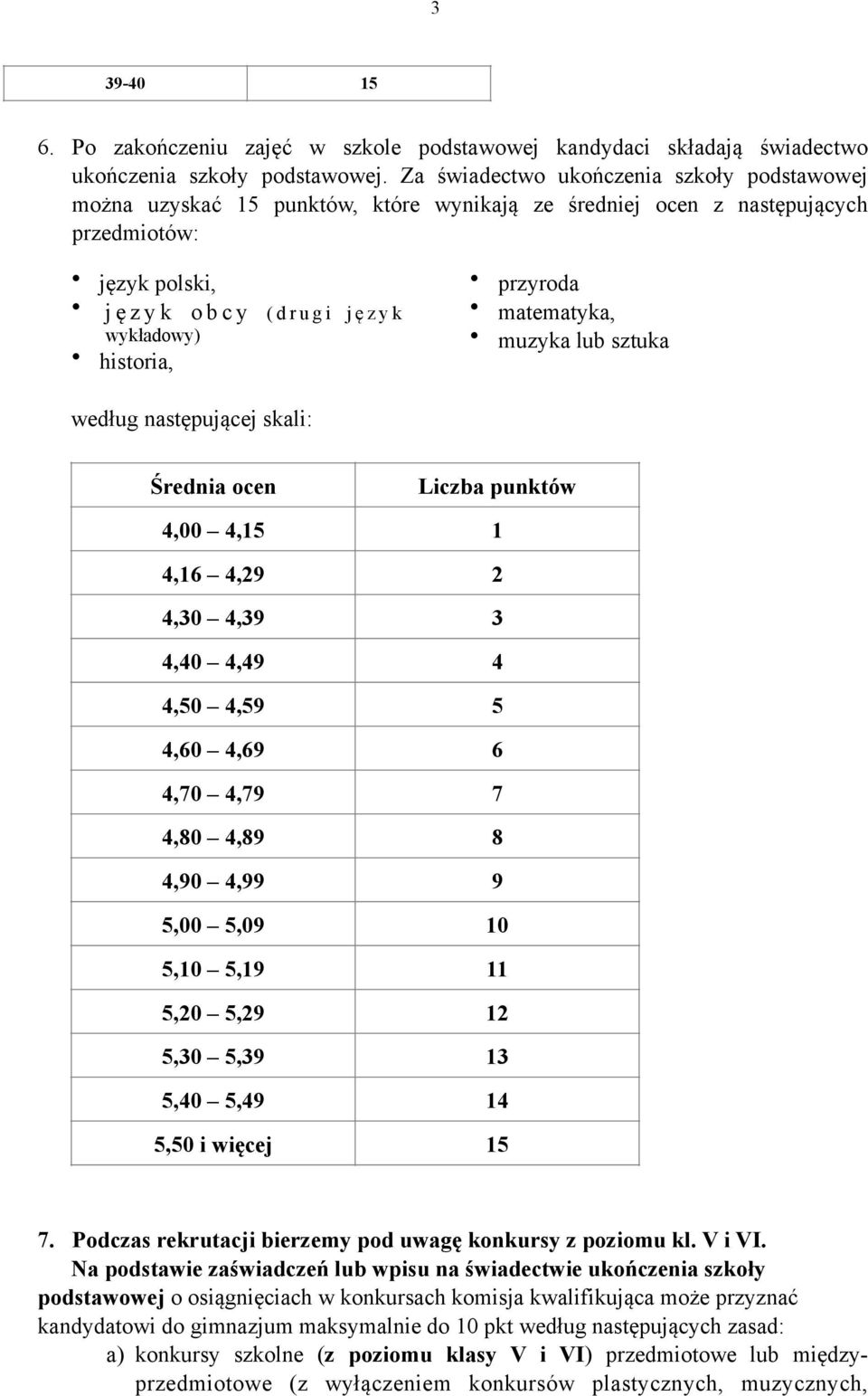 historia, przyroda matematyka, muzyka lub sztuka według następującej skali: Średnia ocen Liczba punktów 4,00 4,15 1 4,16 4,29 2 4,30 4,39 3 4,40 4,49 4 4,50 4,59 5 4,60 4,69 6 4,70 4,79 7 4,80 4,89 8