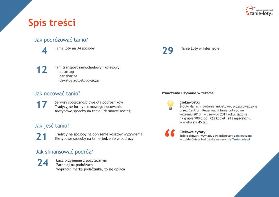 21 Serwisy społecznościowe dla podróżników Tradycyjne formy darmowego nocowania Nietypowe sposoby na tanie i darmowe noclegi Tradycyjne sposoby na obniżenie kosztów wyżywienia Nietypowe sposoby na