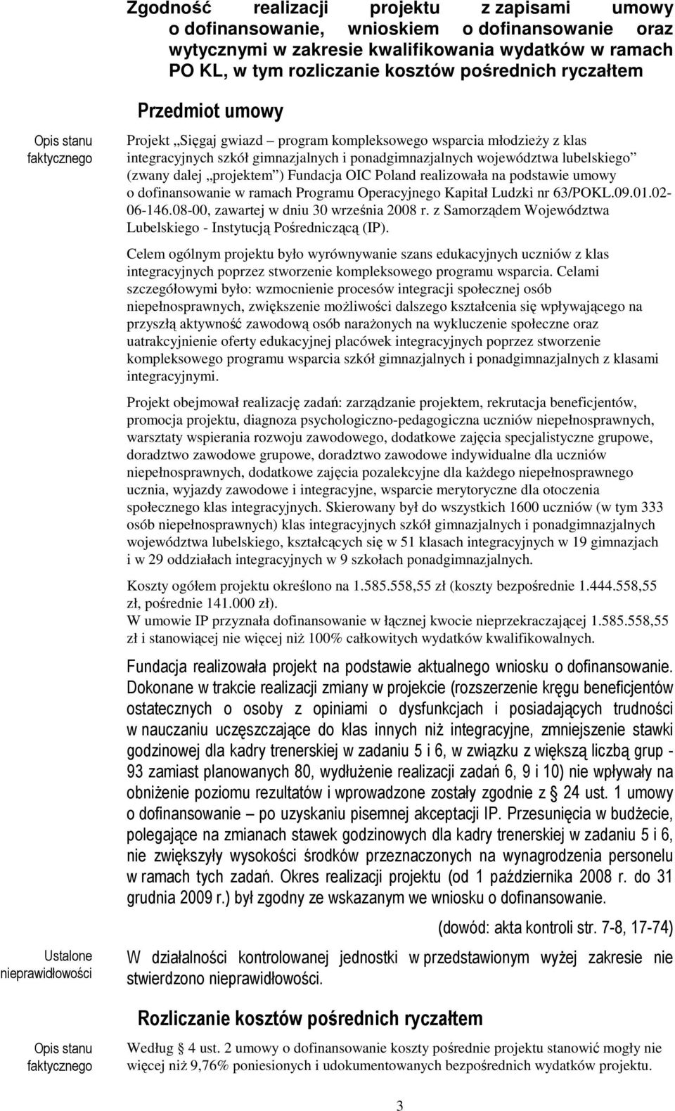 projektem ) Fundacja OIC Poland realizowała na podstawie umowy o dofinansowanie w ramach Programu Operacyjnego Kapitał Ludzki nr 63/POKL.09.01.02-06-146.08-00, zawartej w dniu 30 września 2008 r.