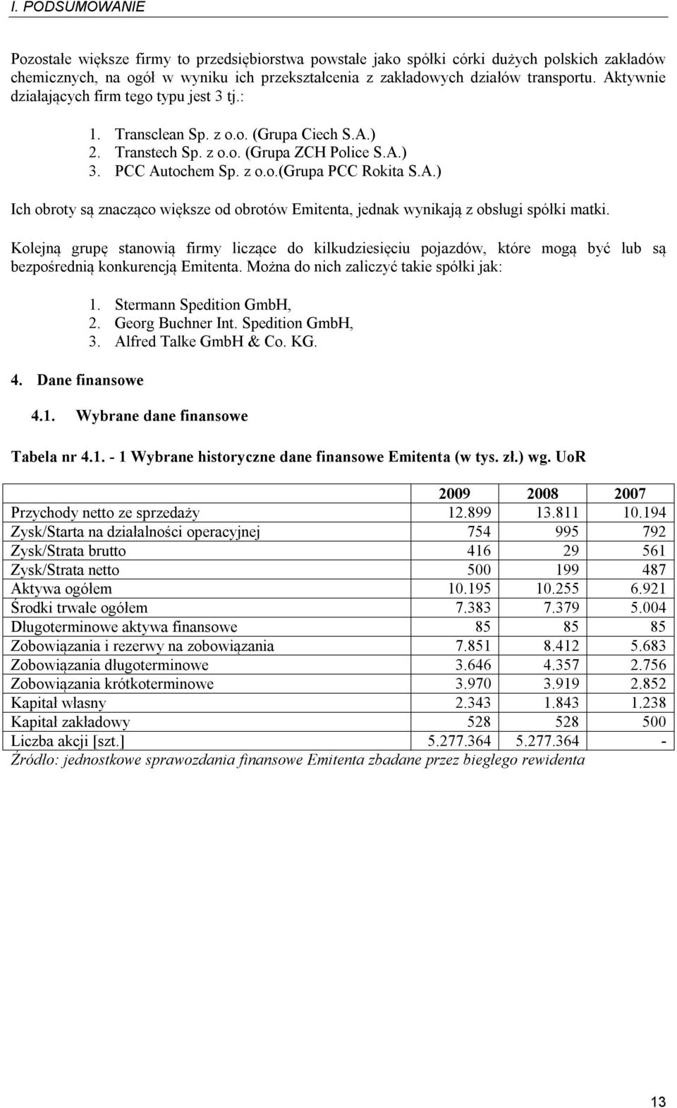 Kolejną grupę stanowią firmy liczące do kilkudziesięciu pojazdów, które mogą być lub są bezpośrednią konkurencją Emitenta. Można do nich zaliczyć takie spółki jak: 4. Dane finansowe 1.